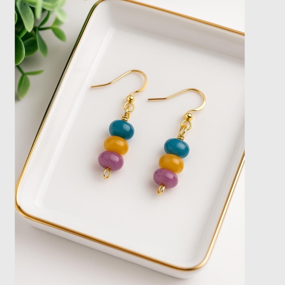 Handmade Jade Bead Earrings Lightweight Gemstone Drops w/ 18k Gold Plated Hooks - Picture 1 of 6